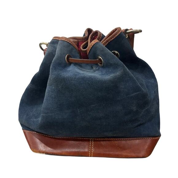 Dooney & Bourke Navy Suede Bucket Bag Brown Leather Drawstring Tassel - Picture 3 of 10